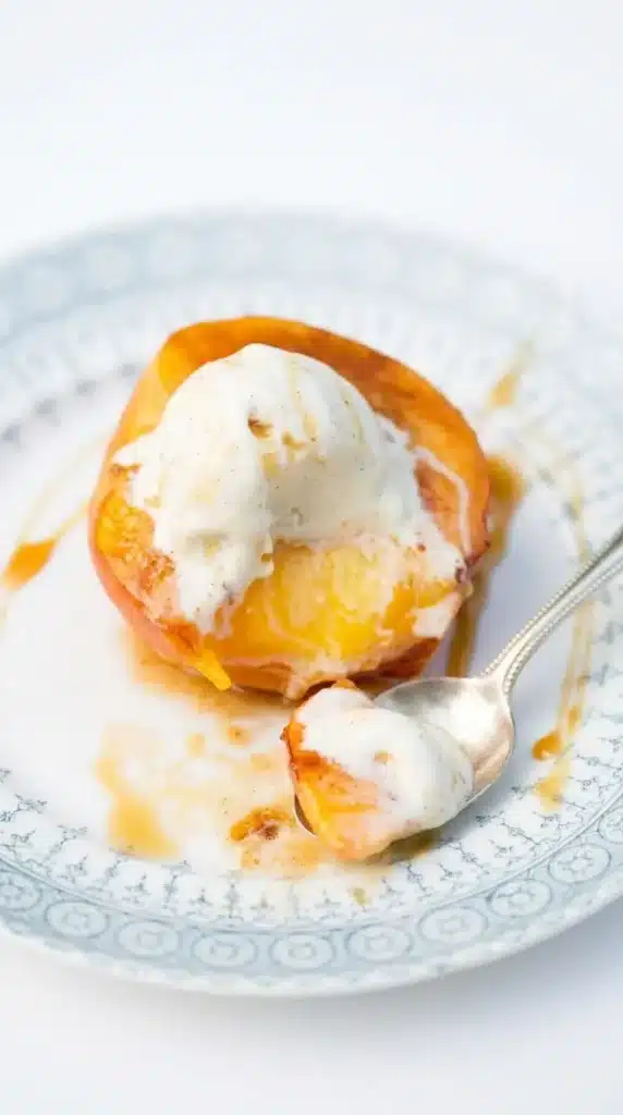Baked Peaches served warm with melting vanilla ice cream and caramel sauce.