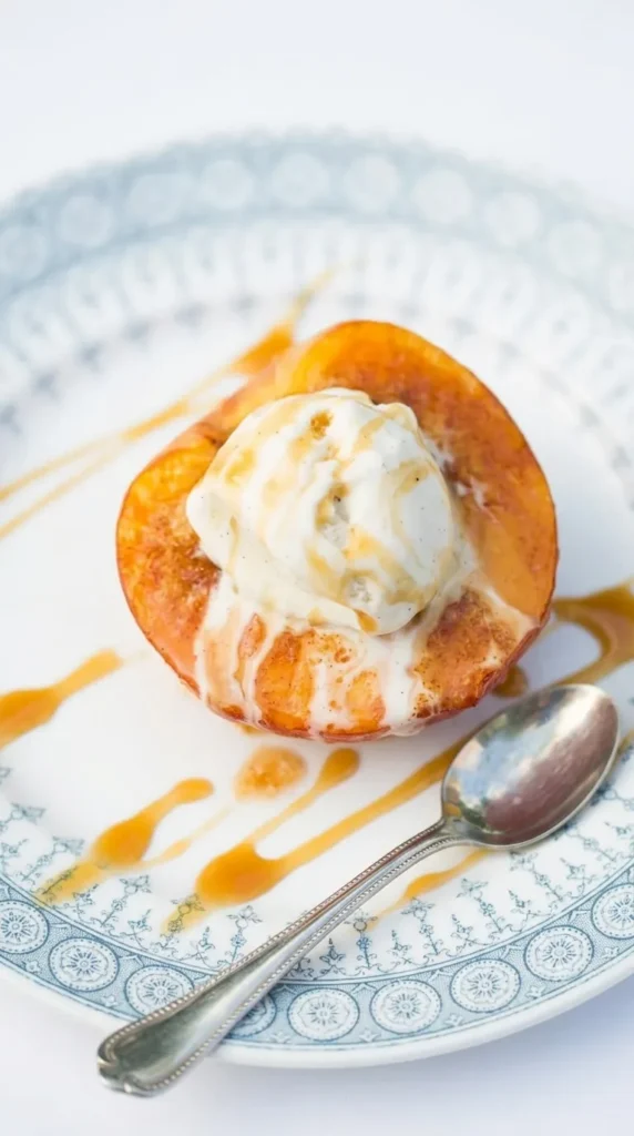 Baked Peaches topped with vanilla ice cream and caramel sauce on a ceramic plate.