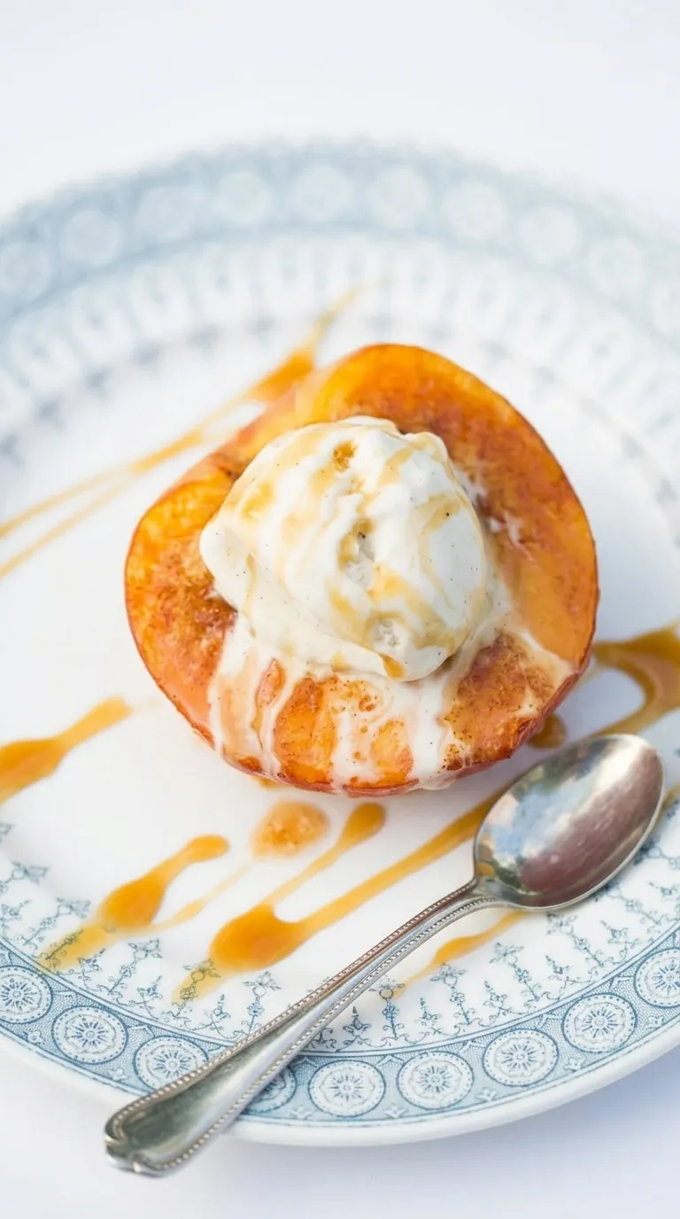 Baked Peaches topped with vanilla ice cream and caramel sauce on a ceramic plate.