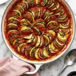 Ratatouille Recipe with Rich Tomato and Roasted Red Pepper Sauce 9 Baked Ratatouille with layered zucchini, eggplant, squash, and tomatoes in rich tomato sauce.