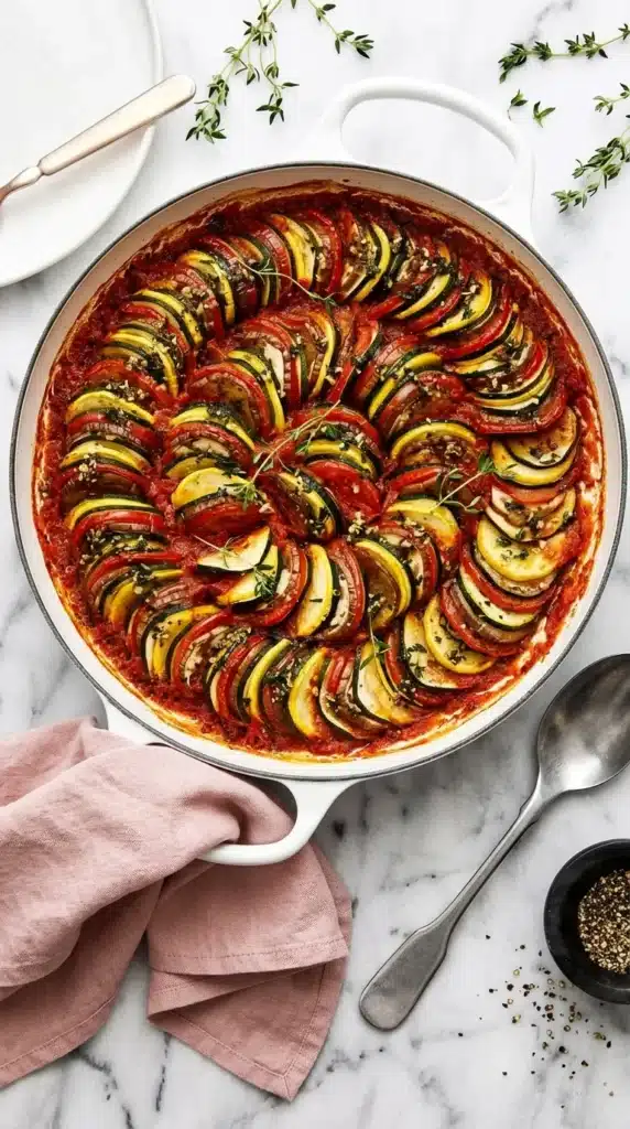 Baked Ratatouille with layered zucchini, eggplant, squash, and tomatoes in rich tomato sauce.