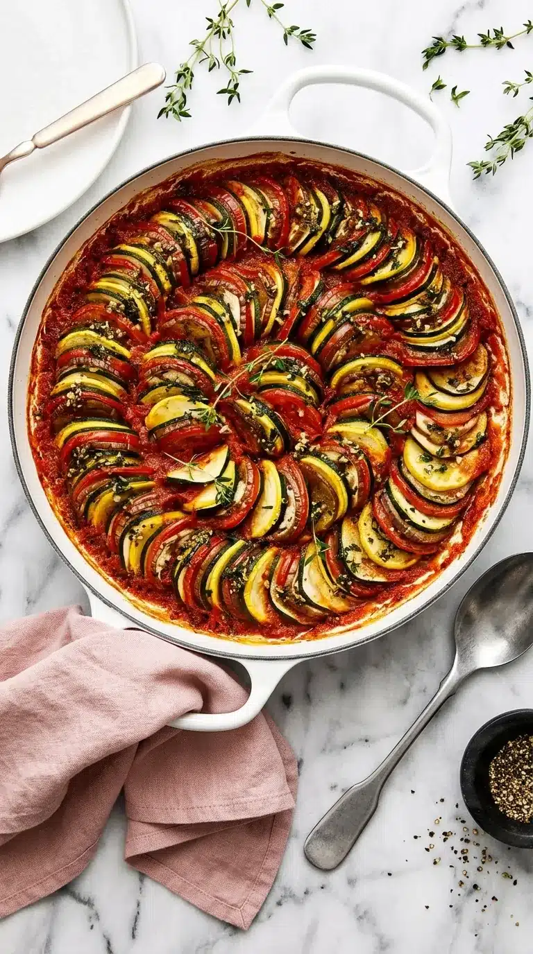 Baked Ratatouille with layered zucchini, eggplant, squash, and tomatoes in rich tomato sauce.