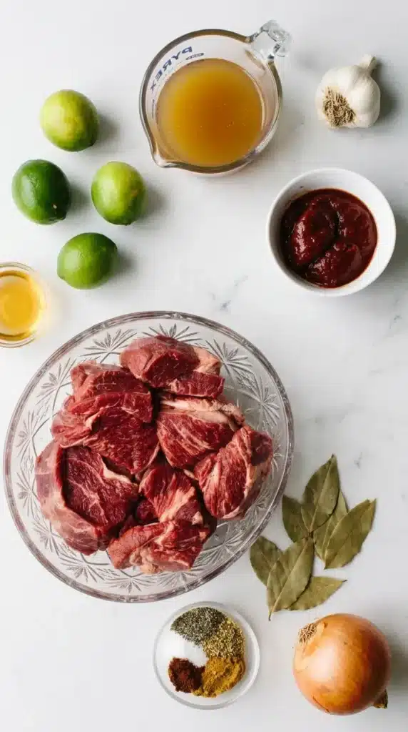 Barbacoa ingredients with beef chuck roast, chipotle peppers, garlic, onion, lime, and spices.