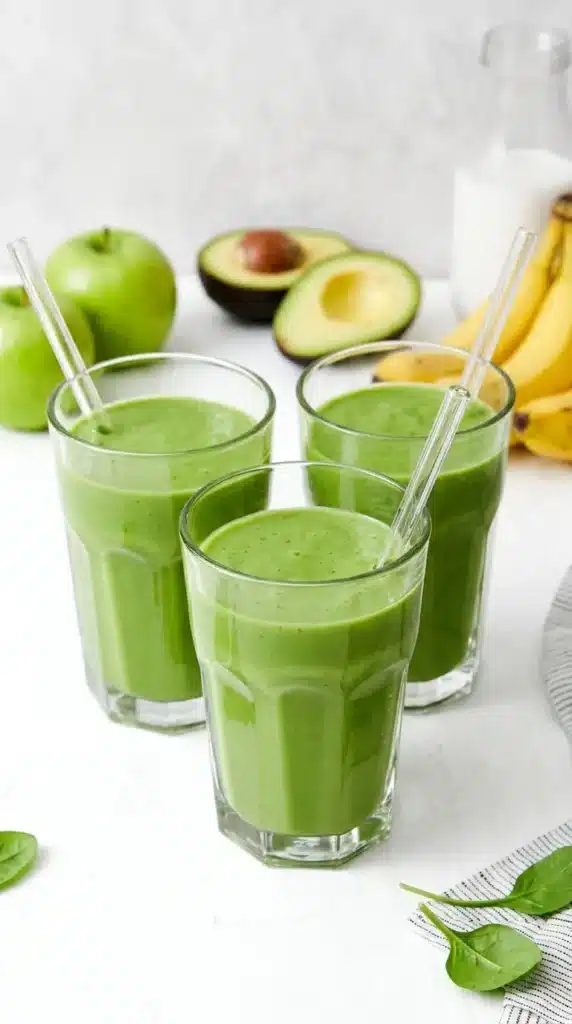Best Green Smoothie Recipe with spinach, banana, apple, avocado, and milk