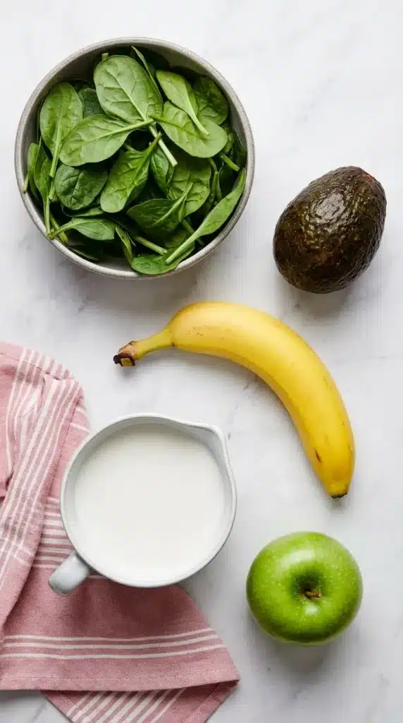 Best Green Smoothie Recipe | Amazing Creamy 5 Minute Breakfast 6 Best Green Smoothie Recipe ingredients with spinach, banana, apple, avocado, and milk