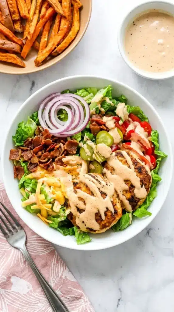 Best Healthy Burger Bowl with turkey patties, crisp vegetables, cheddar, pickles, and creamy sauce.