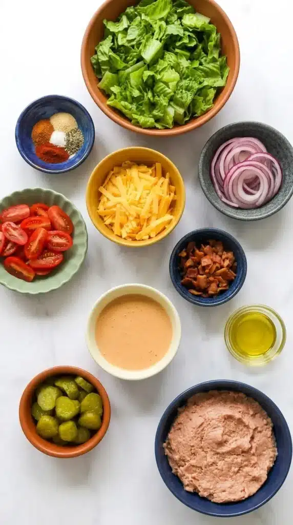 Best Healthy Burger Bowl Recipe | Amazing Easy Dinner 5 Best Healthy Burger Bowl ingredients with turkey, lettuce, cheese, vegetables, sauce, and seasonings.