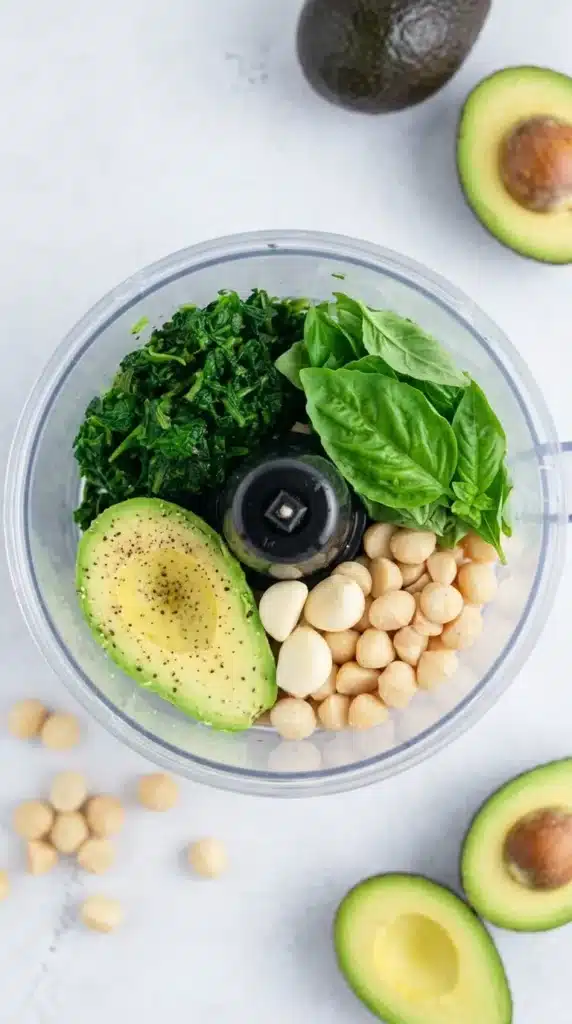 Ingredients for Vegan Avocado Pesto Pasta in a food processor before blending