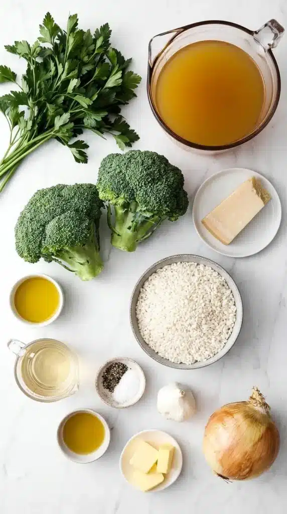 Broccoli Parmesan Risotto Recipe | Amazing Creamy Dinner 5 Broccoli Parmesan Risotto ingredients with broccoli, arborio rice, broth, and Parmesan