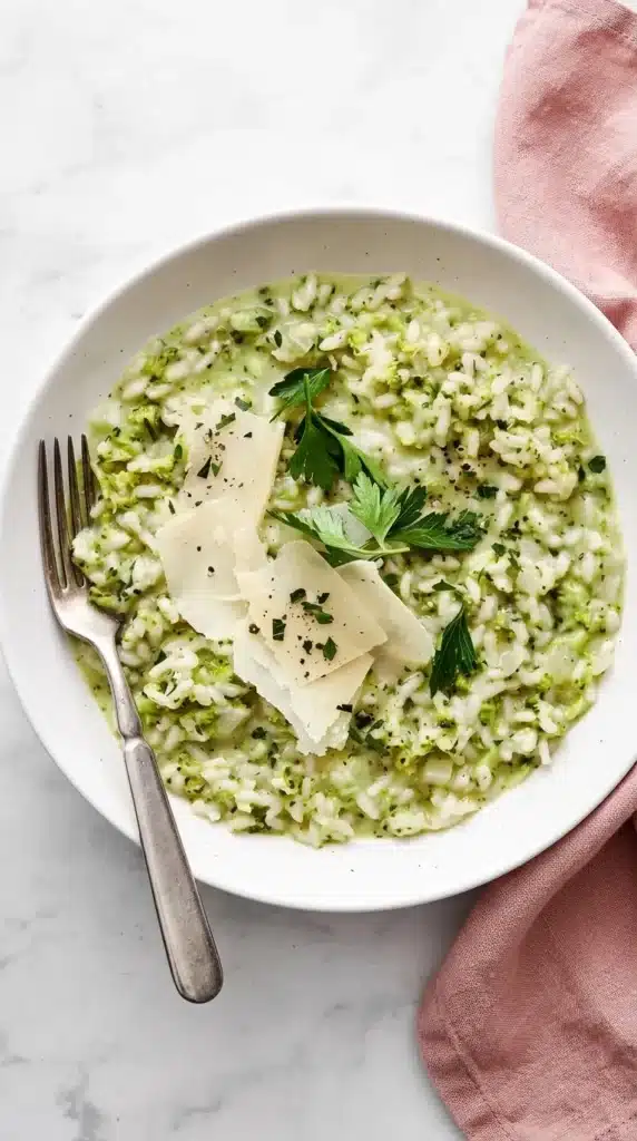 Broccoli Parmesan Risotto Recipe | Amazing Creamy Dinner 6 Broccoli Parmesan Risotto served with Parmesan shavings and fresh parsley