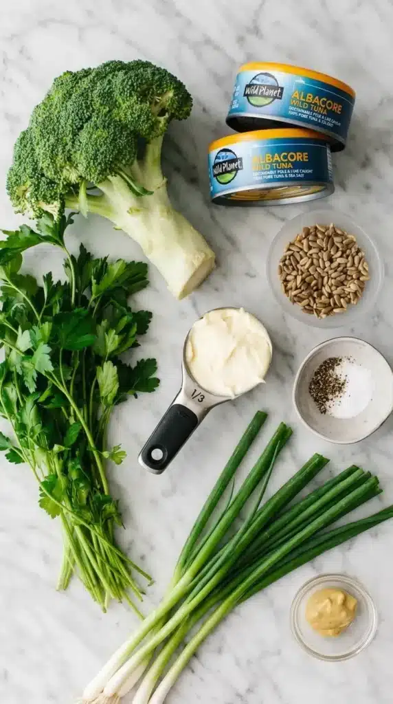 Broccoli Tuna Salad | Amazing Easy Lunch Recipe 7 Broccoli Tuna Salad ingredients including tuna, broccoli, herbs, mayonnaise, and sunflower seeds