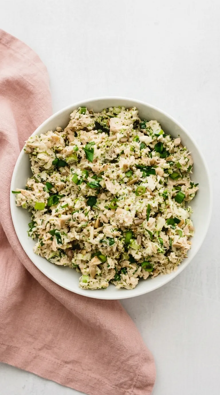 Creamy broccoli tuna salad with green onions and sunflower seeds served in a ceramic bowl