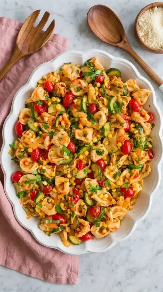 Cheese Tortellini with summer vegetables in tomato herb sauce.