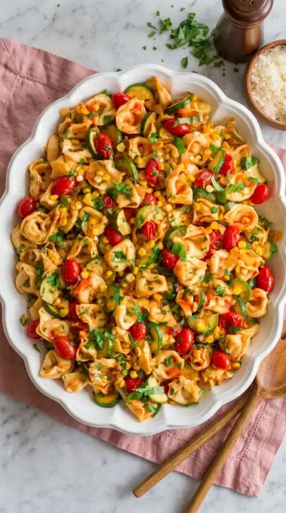 Cheese Tortellini with zucchini, corn, tomatoes, basil, and marinara in a rustic serving dish.