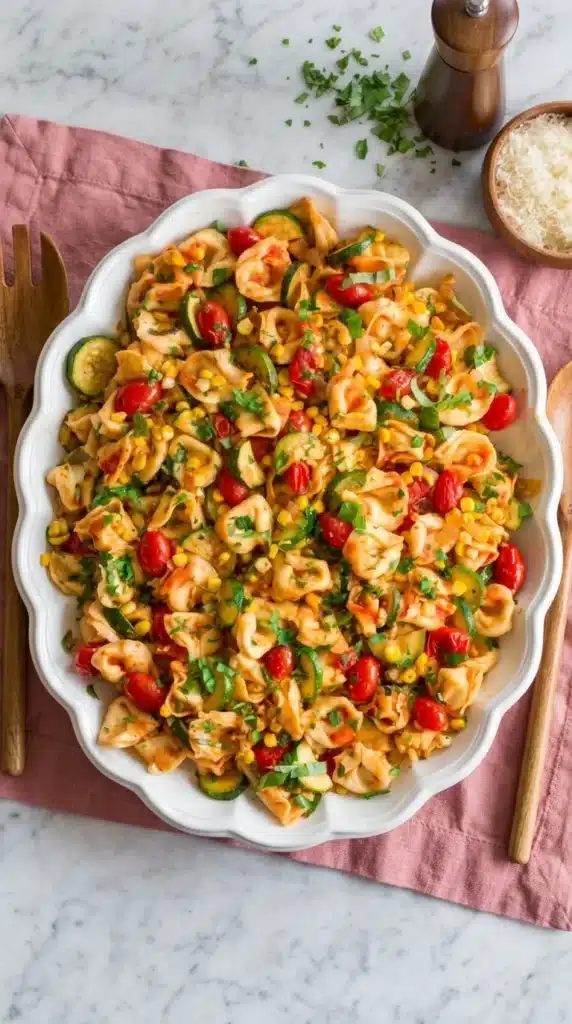 Cheese Tortellini with summer veggies topped with Parmesan and fresh basil.