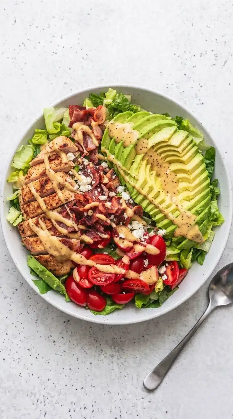 Chicken Avocado Salad with grilled chicken, avocado, bacon, tomatoes, and Honey Dijon dressing