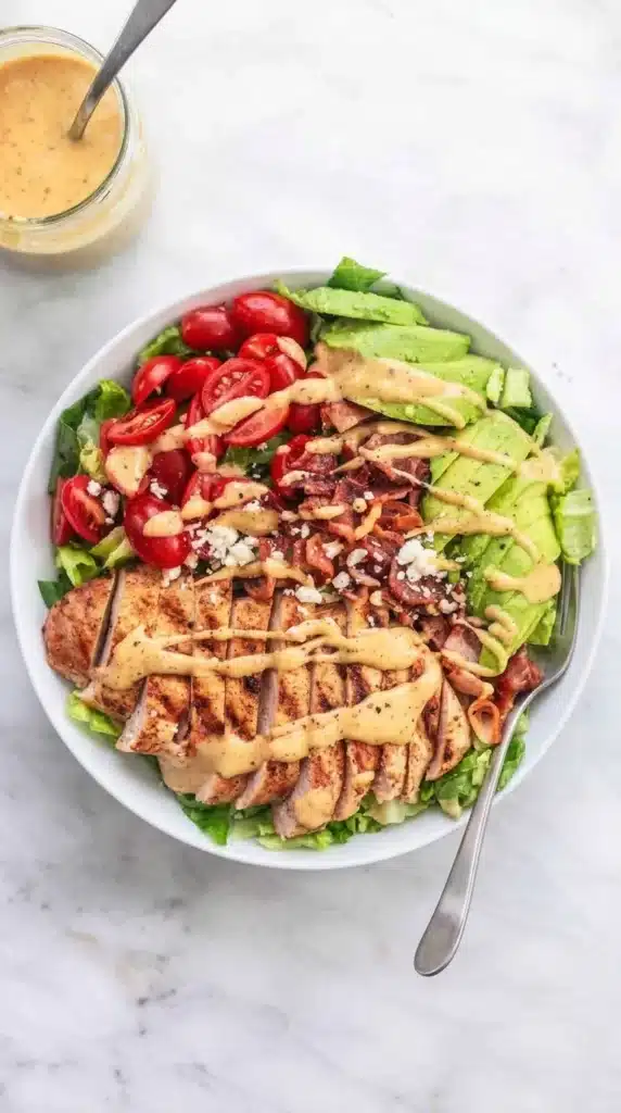 Chicken Avocado Salad with Honey Dijon dressing served in a white bowl