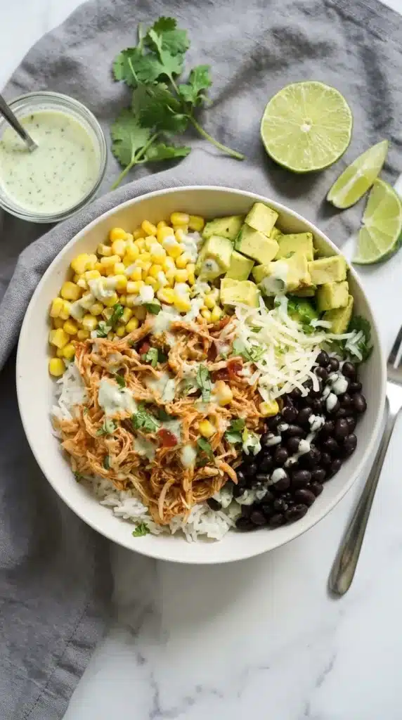 Chicken Burrito Bowl with shredded chicken, rice, black beans, corn, avocado, cheese, and cilantro.