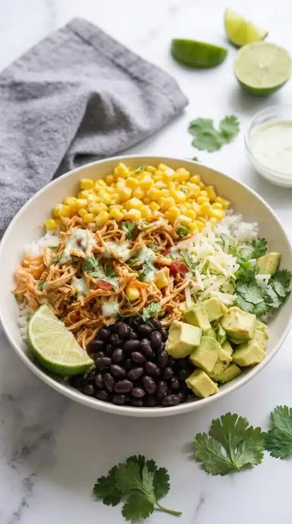Chicken Burrito Bowl with shredded chicken, rice, black beans, corn, avocado, and cilantro.