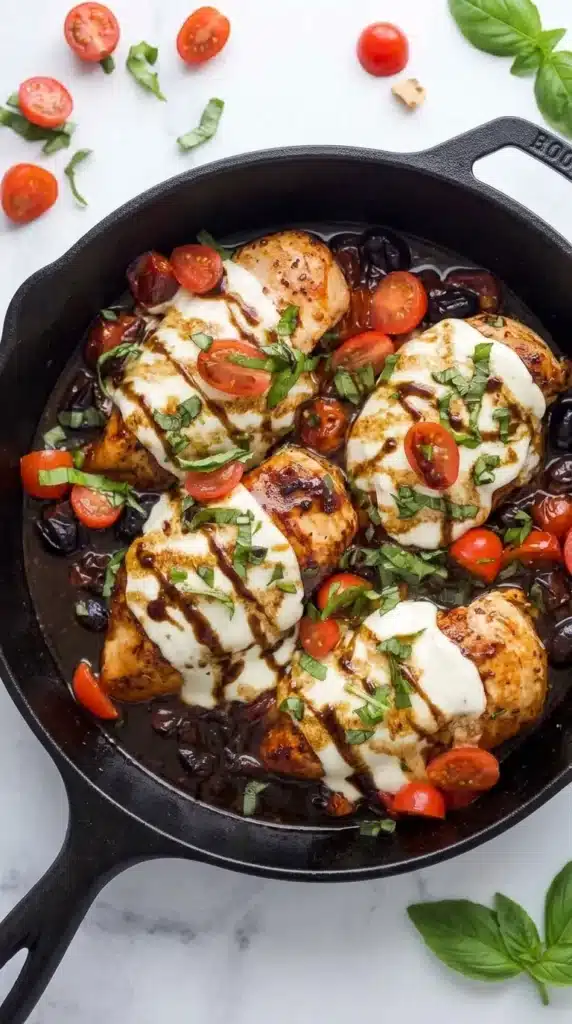 Chicken Caprese with Balsamic Reduction in a skillet with mozzarella, basil, and tomatoes