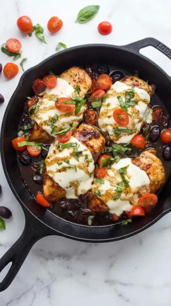 Chicken Caprese with Balsamic Reduction close up with melted mozzarella and fresh basil