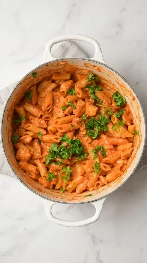 Chicken Parmesan Pasta Recipe | Amazing Easy Family Dinner 6 Chicken Parmesan Pasta mixed with creamy tomato sauce in a Dutch oven