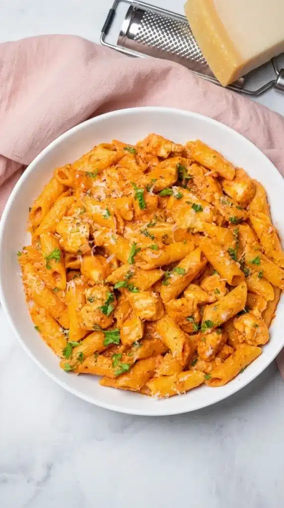 Creamy Chicken Parmesan Pasta with penne, chicken, Parmesan, and fresh parsley