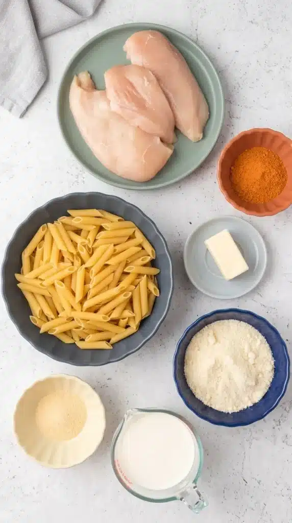 Chicken Pasta Recipe ingredients with chicken, penne, Parmesan, cream, butter, broth, and Cajun seasoning