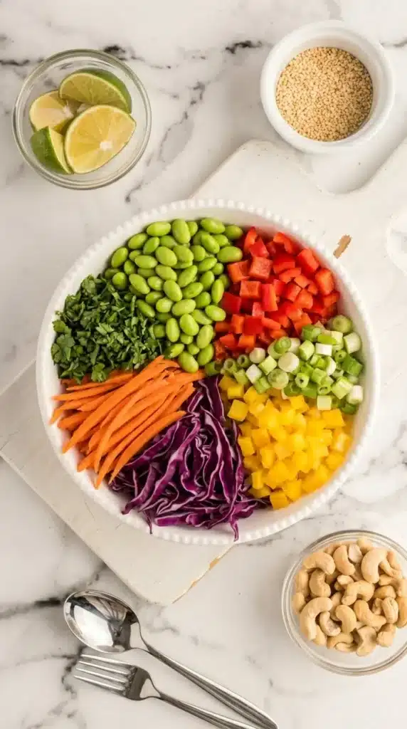 Chopped Thai Salad | Amazing Easy Peanut Salad Recipe 6 Chopped Thai Salad ingredients arranged in a bowl with fresh vegetables, edamame, and cashews.