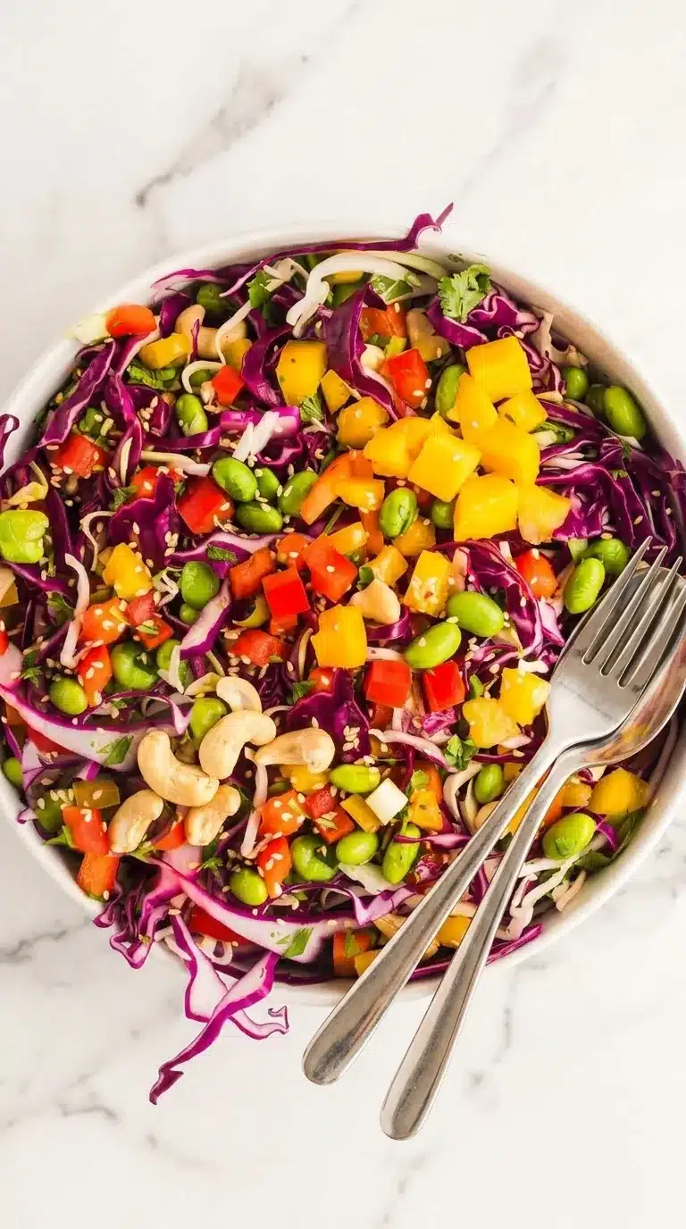 Colorful Chopped Thai Salad with crunchy vegetables, edamame, cashews, and creamy peanut dressing.