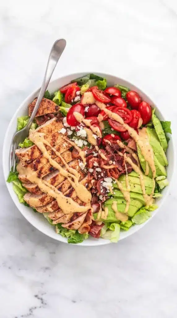 Chicken Avocado Salad with grilled chicken, avocado, bacon, and Honey Dijon dressing