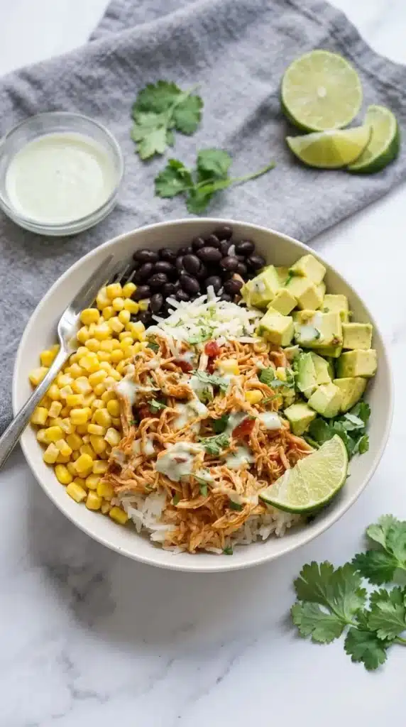 Chicken Burrito Bowl with shredded chicken, rice, corn, black beans, avocado, and cilantro.