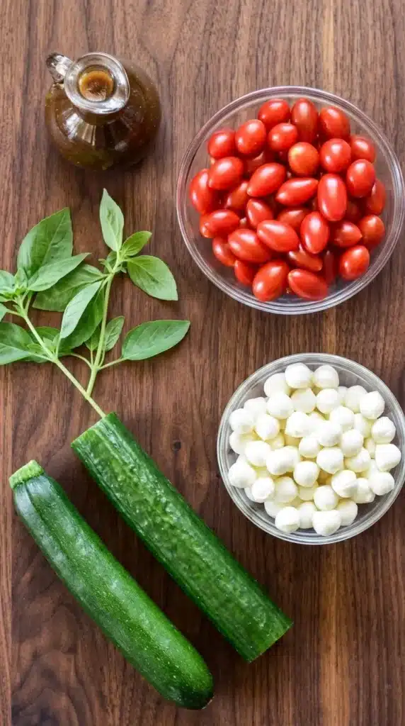Cucumber Caprese Salad | Amazing Easy Summer Recipe 7 Close up Cucumber Caprese Salad with mozzarella, tomatoes, basil, and balsamic dressing