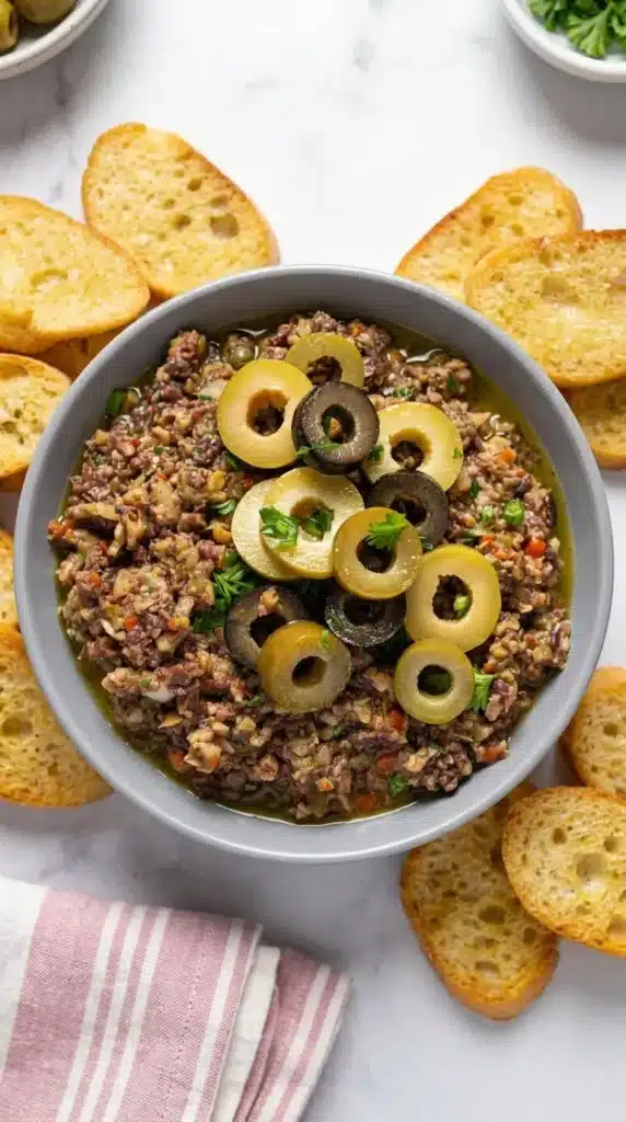 Easy Olive Tapenade Recipe | Amazing 5 Minute Appetizer 10 Easy Olive Tapenade Recipe close up with olive garnish