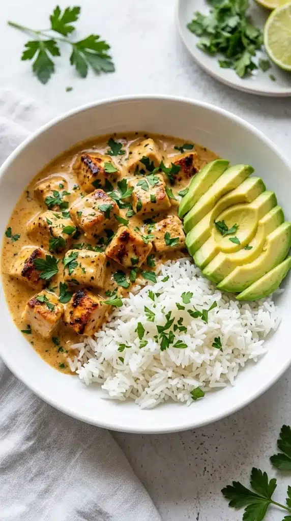 Coconut Chicken Rice Bowl | Amazing Easy 30 Minute Dinner 5 Coconut Chicken Rice Bowl with creamy chicken, rice, avocado, and cilantro