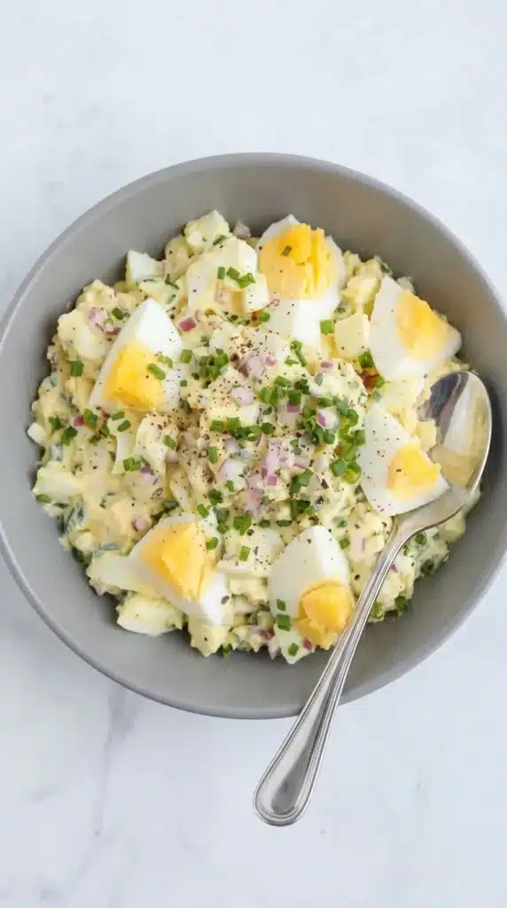 Cottage Cheese Egg Salad Recipe | Amazing Easy Lunch 8 Cottage Cheese Egg Salad in a white bowl, ready to serve with fresh chives and chunky eggs.