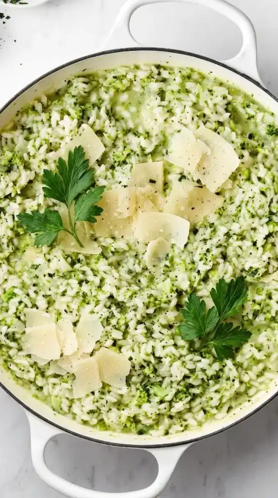 Creamy Broccoli Parmesan Risotto topped with Parmesan and fresh parsley