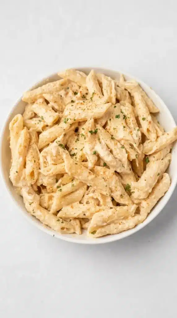 Creamy Chicken Pasta Recipe served in a bowl with shredded chicken and penne pasta
