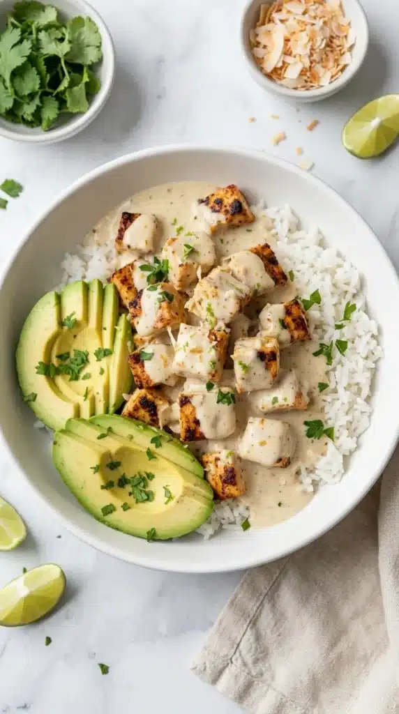 Creamy Coconut Chicken Rice Bowl with jasmine rice, avocado, and tender chicken