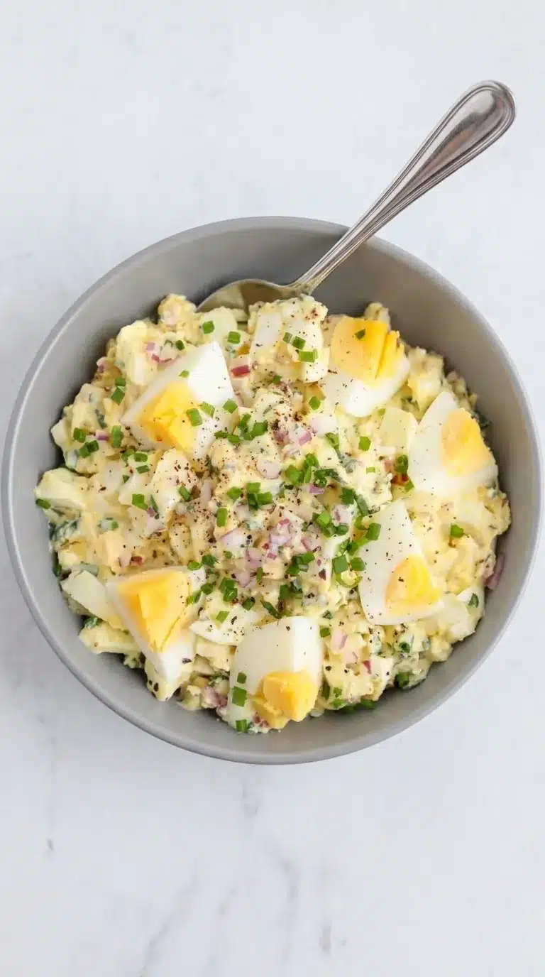 Creamy Cottage Cheese Egg Salad with chopped eggs, red onion, chives, and black pepper.