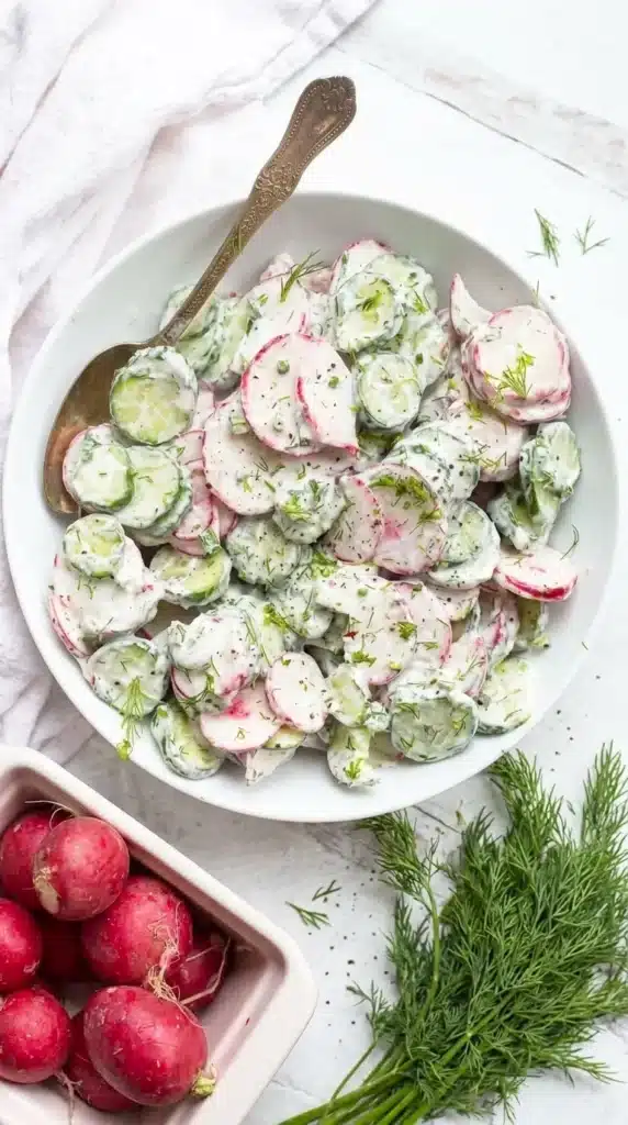 Creamy Cucumber Radish Salad | Amazing Easy Summer Recipe 5 Creamy Cucumber Radish Salad with fresh dill and creamy Greek yogurt dressing