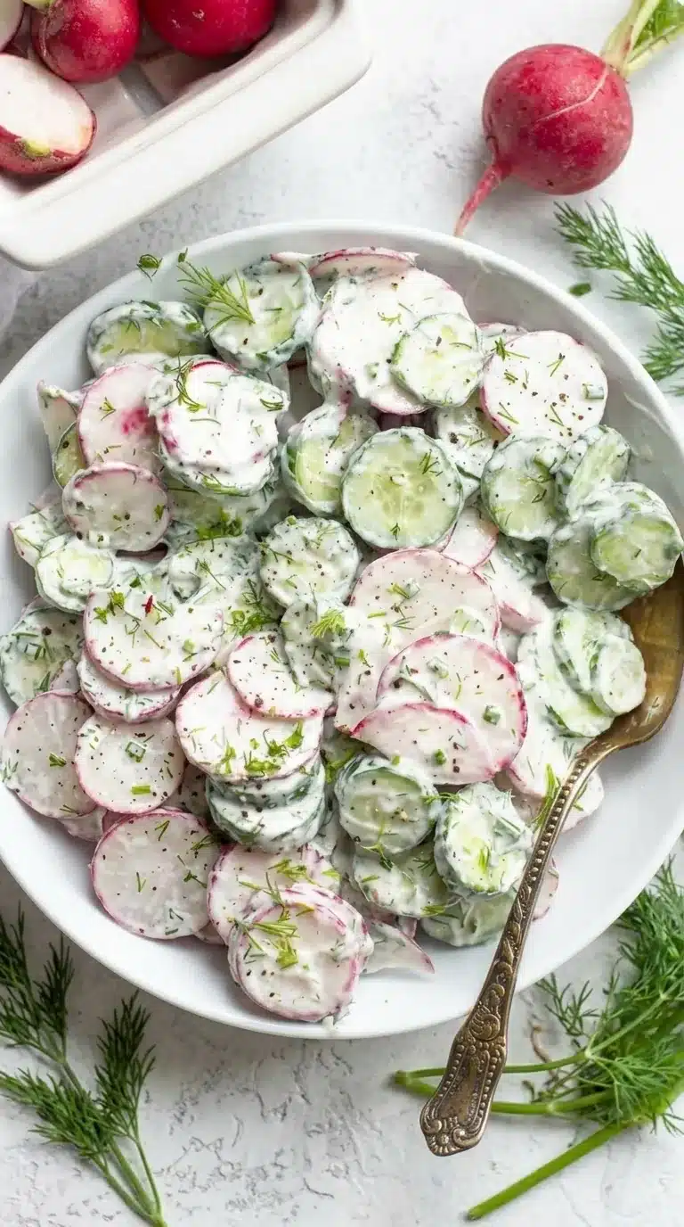 Creamy Cucumber Radish Salad with fresh dill and Greek yogurt dressing in a ceramic bowl