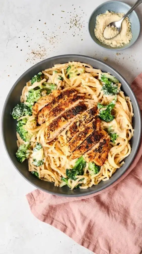 Low Calorie Chicken Alfredo | Amazing Easy Creamy Recipe 8 Creamy Low Calorie Chicken Alfredo bowl with sliced chicken and broccoli