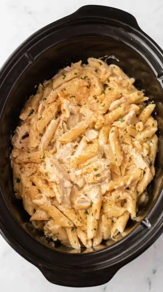 Creamy slow cooker Chicken Pasta Recipe with penne, shredded chicken, and Parmesan sauce