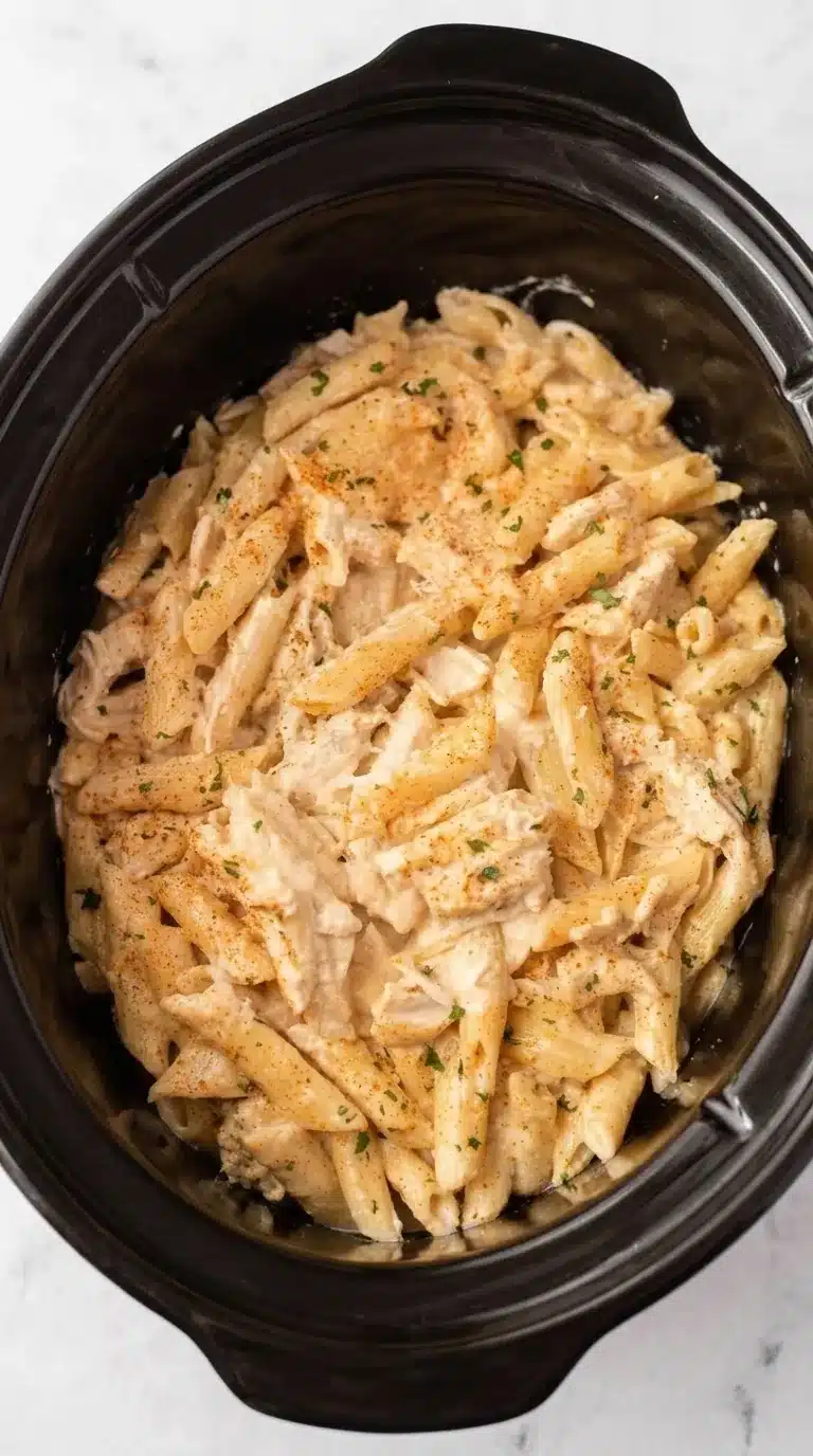 Creamy slow cooker Chicken Pasta Recipe with penne, shredded chicken, and Parmesan sauce