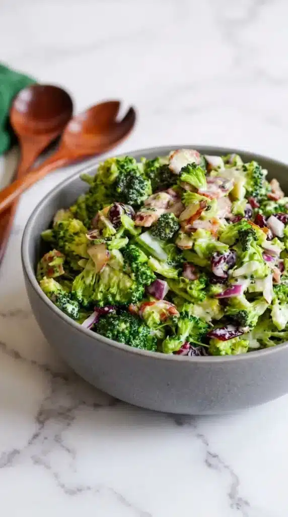 The Best Broccoli Salad with creamy dressing, bacon, cranberries, and almonds