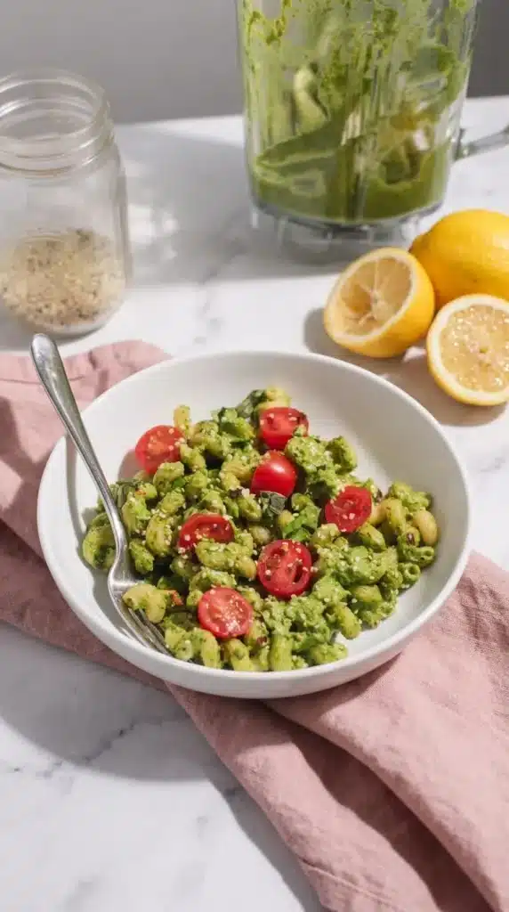 Creamy Vegan Avocado Pesto Pasta served with cherry tomatoes and fresh avocado pesto