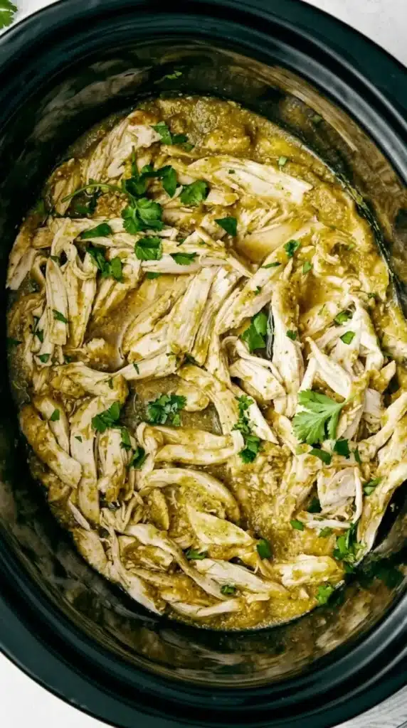 Tender Crockpot Salsa Verde Chicken with shredded chicken, green salsa, and fresh cilantro.