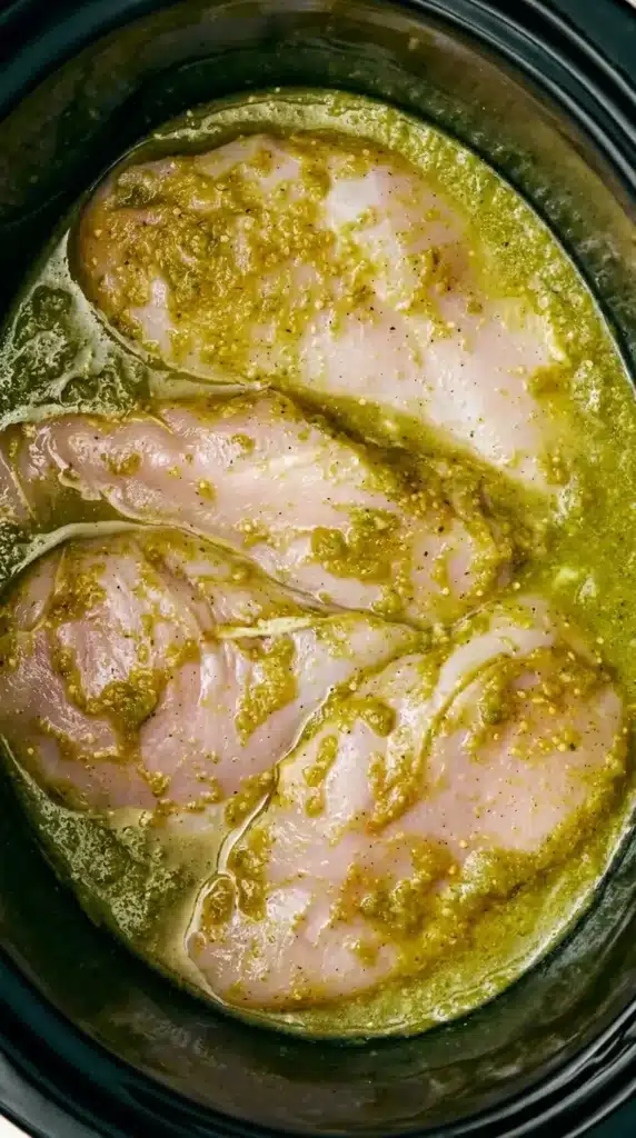 Raw Crockpot Salsa Verde Chicken coated with green salsa inside a slow cooker.
