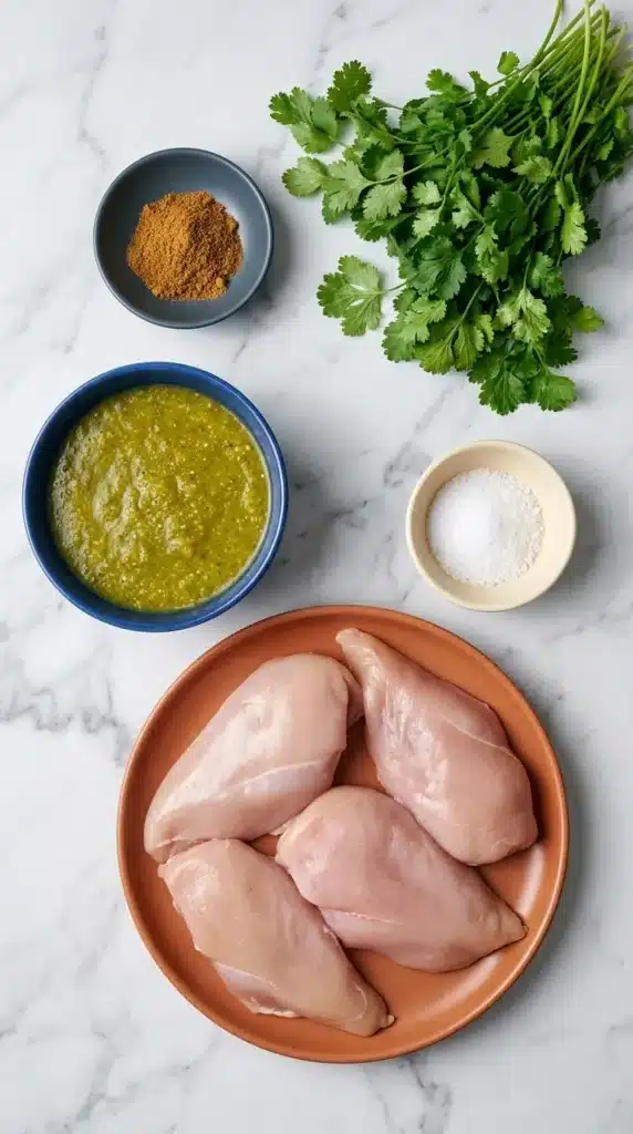 Crockpot Salsa Verde Chicken ingredients with chicken, salsa verde, cilantro, cumin, and salt.